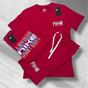 Nike Red Short Sleeve Tee with Multicolor Striped Logo